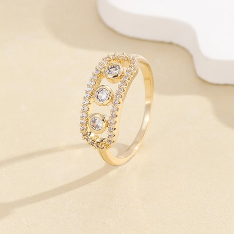 European American Style Copper Ring Gold Silver Plated Rectangular Frame Micro Pave Zirconia Sliding Triple Stone Elegant Fashion Jewelry For Women Gift