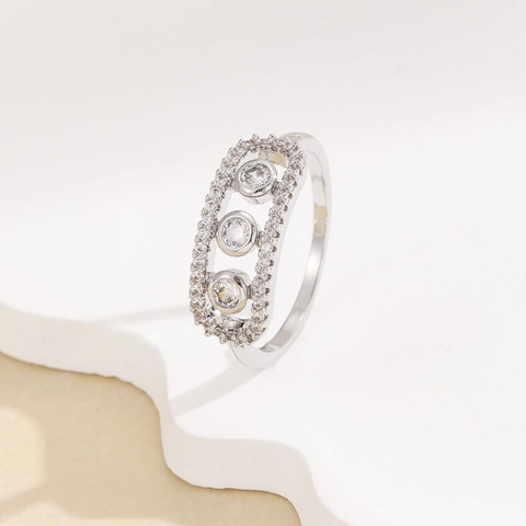 European American Style Copper Ring Gold Silver Plated Rectangular Frame Micro Pave Zirconia Sliding Triple Stone Elegant Fashion Jewelry For Women Gift