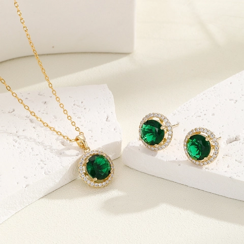 Luxury Round Zirconia Copper Jewelry For Women Elegant Gold Silver Plated Halo Necklace And Stud Earrings For Wedding Party