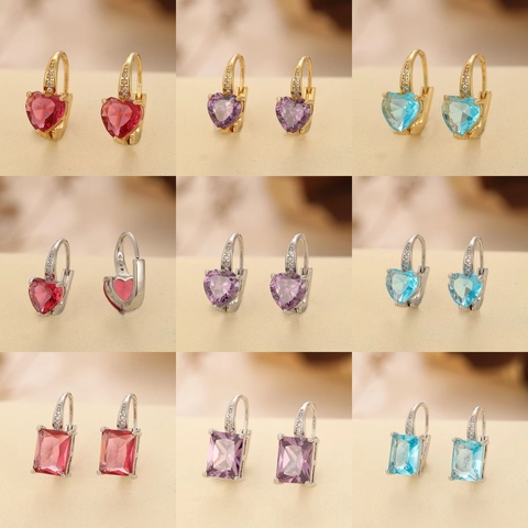 Vintage Elegant Copper Zirconia Leverback Earrings Gold Silver Plated Oval Round Square Heart Shape Colorful Gemstone Dangle Earrings For Women Jewelry