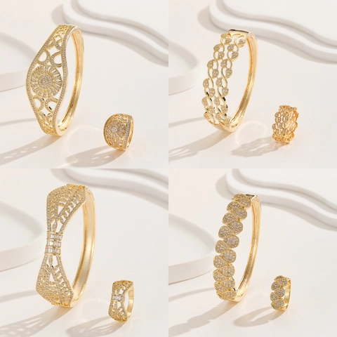 Luxurious Gold Silver Plated Copper Hollow Flower Bangle And Ring Zirconia Inlaid Elegant Wedding Banquet Jewelry For Women