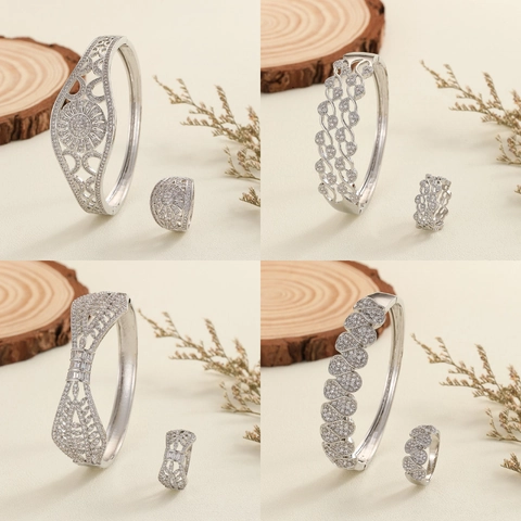 Luxurious Gold Silver Plated Copper Hollow Flower Bangle And Ring Zirconia Inlaid Elegant Wedding Banquet Jewelry For Women