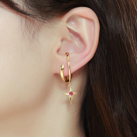 Clip per Orecchio da Donna in Rame con Zirconia Rossa Stella a Quattro Punte Oro Argento Galvanizzato Senza Buco Gioielli Moda