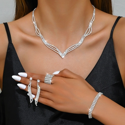 Luxury Rhinestone V Shaped Necklace Earrings Bracelet Ring Jewelry Set Silver Gold Black For Wedding Party Women Jewelry