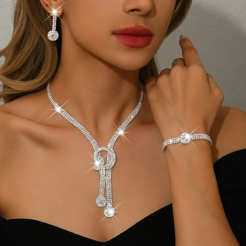 Luxurious Copper Rhinestone Bridal Necklace Earrings Bracelet Eco-friendly Nickel-free Sparkling Wedding Banquet Jewelry