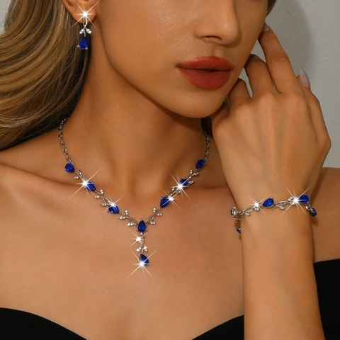Elegant Alloy Zircon Leaf Necklace Earring Bracelet For Women Silver Plated Waterdrop Pendant Wedding Banquet Accessories