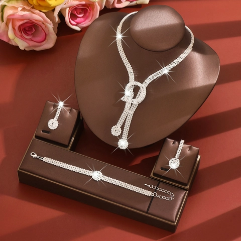 Luxurious Copper Rhinestone Bridal Necklace Earrings Bracelet Eco-friendly Nickel-free Sparkling Wedding Banquet Jewelry