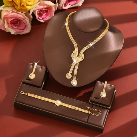 Luxury Copper Rhinestone Necklace Earrings Bracelet Jewelry Set Bridal Wedding Banquet Crystal Choker Fashion Jewelry