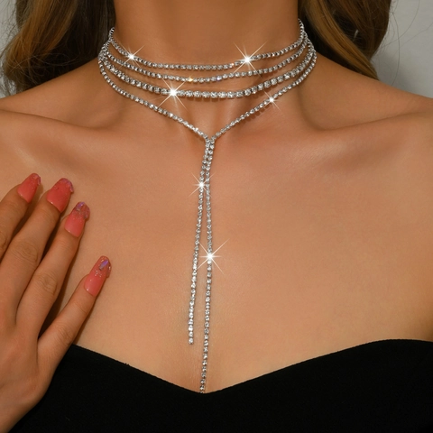 Elegant Multilayer Copper Rhinestone Tassel Choker Necklace For Women Inlaid Crystal Long Pendant Banquet Party Jewelry