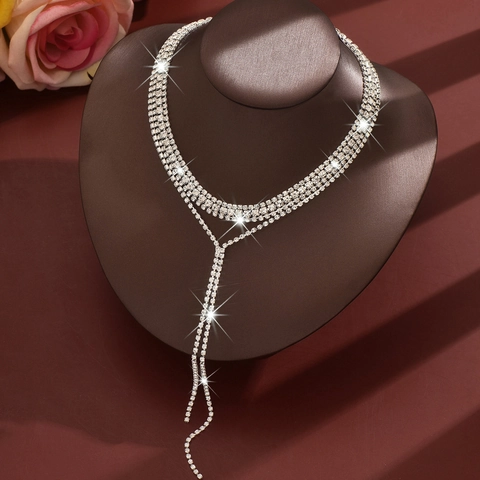 Elegant Multilayer Copper Rhinestone Tassel Choker Necklace For Women Inlaid Crystal Long Pendant Banquet Party Jewelry