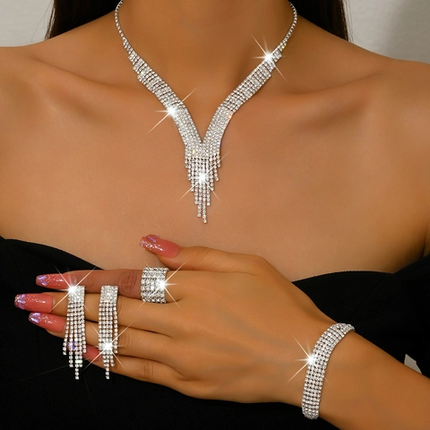 Luxurious Alloy Rhinestone Tassel Necklace Earrings Bracelet Ring Collection For Wedding Banquet Party Women Jewelry