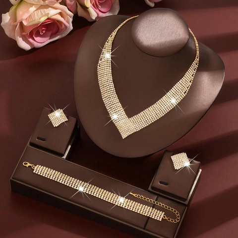 Luxury Sparkling Rhinestone V-Shape Wedding Jewelry Set For Women Alloy Necklace Bracelet Stud Earrings Bridal Prom Accessories