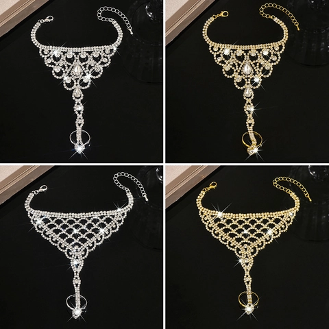 Luxury Copper Zirconia Rhombus Geometric Hand Harness Hand Chain With Finger Ring For Wedding Party Jewelry Women