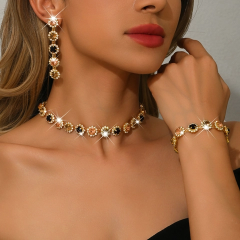 Floral Halskette Ohrringe Armband Kupfer Künstlicher Kristall Strass Gold Bernstein Schmuck Für Damen Party Accessoire