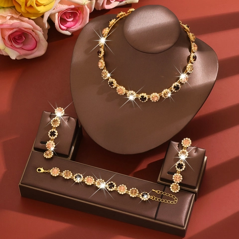 Floral Halskette Ohrringe Armband Kupfer Künstlicher Kristall Strass Gold Bernstein Schmuck Für Damen Party Accessoire