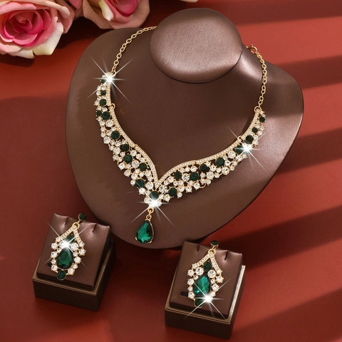 Luxury Bride Rhinestone Water Drop Necklace And Earrings Jewelry Gold Plated Alloy Wedding Party Formal Accessories For Women