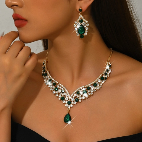 Luxury Bride Rhinestone Water Drop Necklace And Earrings Jewelry Gold Plated Alloy Wedding Party Formal Accessories For Women