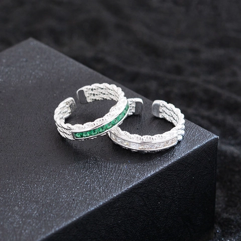 Vintage Geflochtener Kupfer Offener Ring Für Damen Versilbert Grün Weiß Zirkonia Eingelegt Verstellbarer Modeschmuck Ring