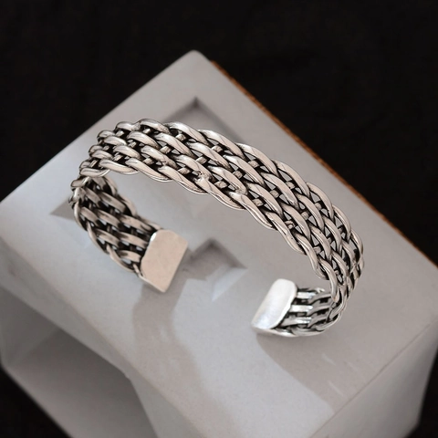 Vintage Ethnische Geflochtene Breite Armreif Für Damen Silberfarben Verstellbar Kupfer Armreif Handschmuck Geschenk