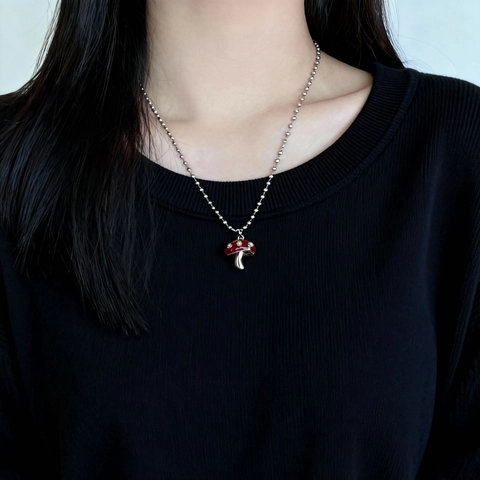 Süßer Cooler Roter Pilz Emaille Anhänger Halskette Kupfer Versilbert Kugelkette Punkt Pilz Schmuck Für Damen Mädchen Täglicher Gebrauch