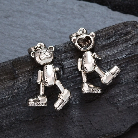 Hip Hop Articulated Teddy Bear Pendant With Sneakers Zirconia Inlaid Copper Silver Plated Mechanical Style Pendant Only Jewelry