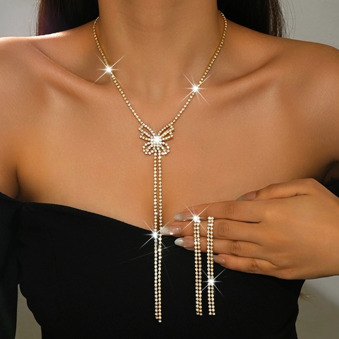 Butterfly Tassel Jewelry Collection Eco-Friendly Copper Rhinestone Inlaid Y-Necklace Long Drop Earrings Women Wedding Party Gift