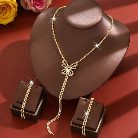 Butterfly Tassel Jewelry Collection Eco-Friendly Copper Rhinestone Inlaid Y-Necklace Long Drop Earrings Women Wedding Party Gift