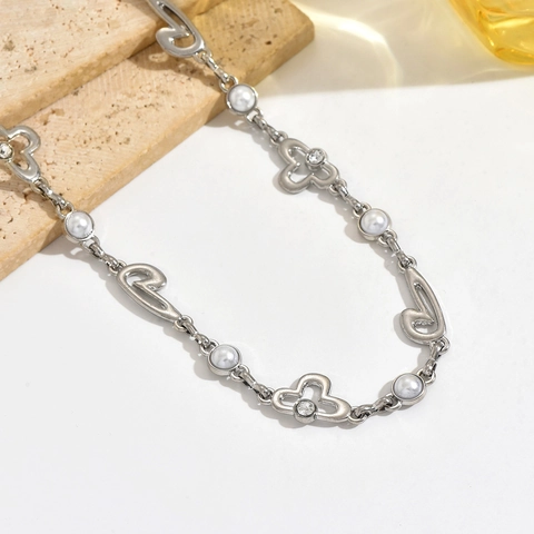 Korean Style Silver Alloy Belly Chain With Faux Artificial Pearl And Hollow Heart Rhinestone Adjustable Waist Chain For Women Jewelry