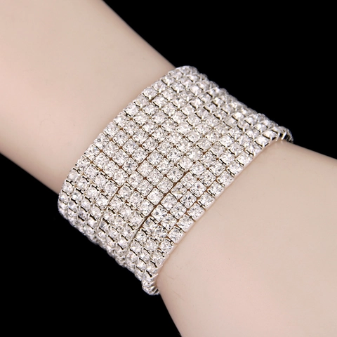 Sparkling Rhinestone Stretch Bracelet Multi Row Silver Plated Copper Elastic Bangle Jewelry For Women Wedding Party Accessory