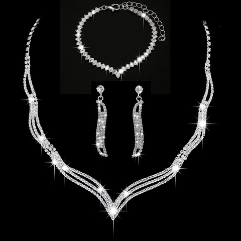 Luxury Rhinestone V Shaped Necklace Earrings Bracelet Ring Jewelry Set Silver Gold Black For Wedding Party Women Jewelry