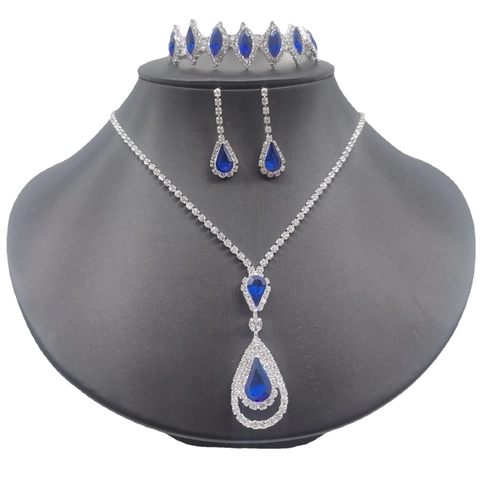 Silver Plated Alloy Rhinestone Waterdrop Jewelry Set For Women Red Blue Acrylic Necklace Earrings And Tiara Bridal Wedding Accessories