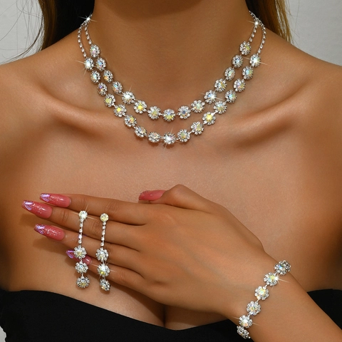 Luxury Copper Sunflower Rhinestone Jewelry Set For Women Double Layer Flower Necklace Earrings Bracelet Ring Wedding Party Accessories