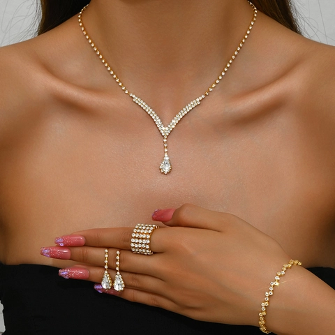 Luxury Copper Rhinestone Waterdrop Jewelry Set For Women Wedding Banquet Necklace Earrings Bracelet Ring Bridal Accessories