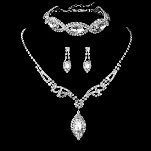 Silver Color Copper Rhinestone Jewelry Set For Women Elegant Marquise Cut Crystal Necklace Earrings Bracelet Wedding Party Banquet Jewelry