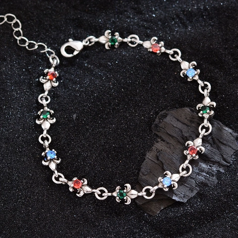 Vintage Silver Plated Copper Bracelet With Multicolor Zircon Inlaid Fleur-De-Lis Flower Link Adjustable Bracelet For Women