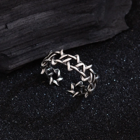 Anello Aperto a Stella Esagramma Vintage in Rame Placcato Argento per Donna Gothic Punk Regolabile Personalità Stella Catena Gioielli