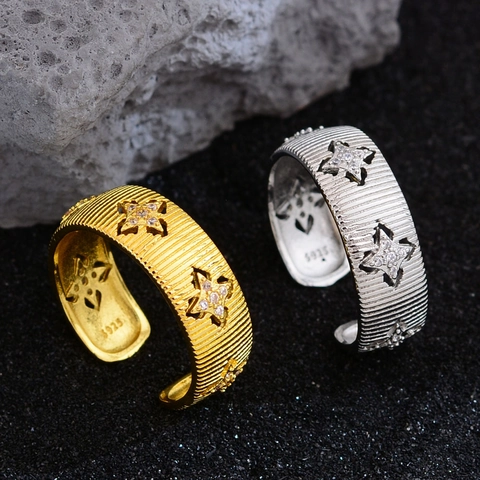 Vintage Kupfer Breites Band Offener Ring Mit Gerippter Textur Zirkonia Eingelegt Hohler Vierzackiger Stern Mode Schmuck Geschenk Damen