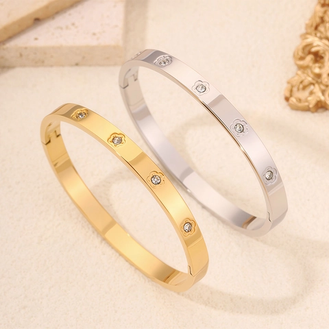 Jonc à Charnière en Acier Inoxydable Avec Cœur Étoile Fleur Et Zircone Or Argent Bijoux de Mode pour Femme