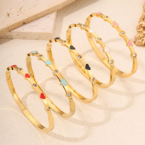 Bracelet Jonc en Acier Inoxydable en Forme de Cœur Émaillé pour Femme Plaqué Or Zircone Bijoux de Mode Tendance