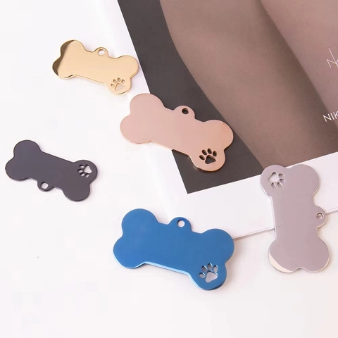 Bone Shape Stainless Steel Pet ID Tag Dog Cat Name Plate Paw Print Hollow Out Pendant Keychain Charm Accessory