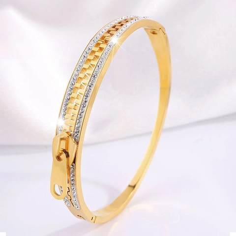 Edelstahl Reißverschluss Form Armreif Armband Für Damen Trendige Strass Verzierung Punk Stil Metall Schmuck Geschenk