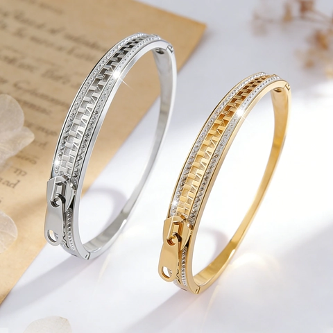 Edelstahl Reißverschluss Form Armreif Armband Für Damen Trendige Strass Verzierung Punk Stil Metall Schmuck Geschenk