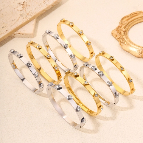 Jonc Mode en Acier Inoxydable Cœur Étoile Fleur Triangle Pour Femmes Or Argent Plaqué Zirconium Incrusté Bijoux Élégants