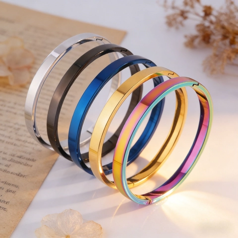 Bracelet Jonc Minimaliste en Acier Inoxydable Pour Femmes Hommes Bracelet à Charnière en Acier au Titane Poli Miroir Bijou Cadeau