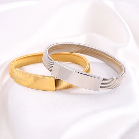 Unisex Stainless Steel Elastic Armband Bracelet Minimalist Polished Rectangular Plate Stretchable Spring Cuff Jewelry
