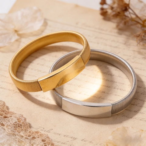 Unisex Stainless Steel Elastic Armband Bracelet Minimalist Polished Rectangular Plate Stretchable Spring Cuff Jewelry
