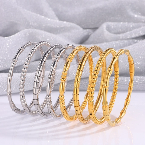 Minimalist Stainless Steel Bamboo Joint Round Bead Bangle Bracelet For Women Gold Silver Rose Gold Fashion Jewelry