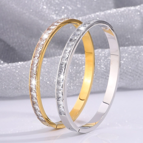 High End Titan Stahl Moissanit Reihen Diamant Armreif Damen Vakuum Vergoldet Silber Quadrat Zirkonia Armband Eleganter Schmuck