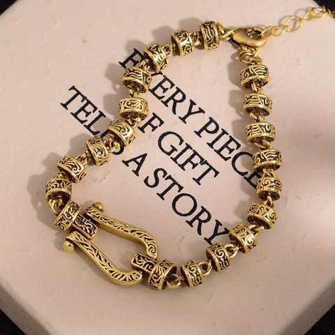 Vintage Arabesken Hufeisen Armband Für Damen Kupfer U-Form Verschluss Retro Muster Perlen Verstellbare Kette Mode Schmuck Geschenk