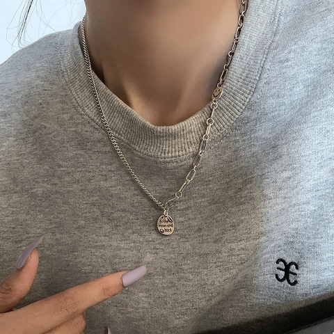 Vintage Korean Asymmetrical Copper Necklace With Smiley Face Moon Star Round Tag Thai Silver Style Jewelry For Women